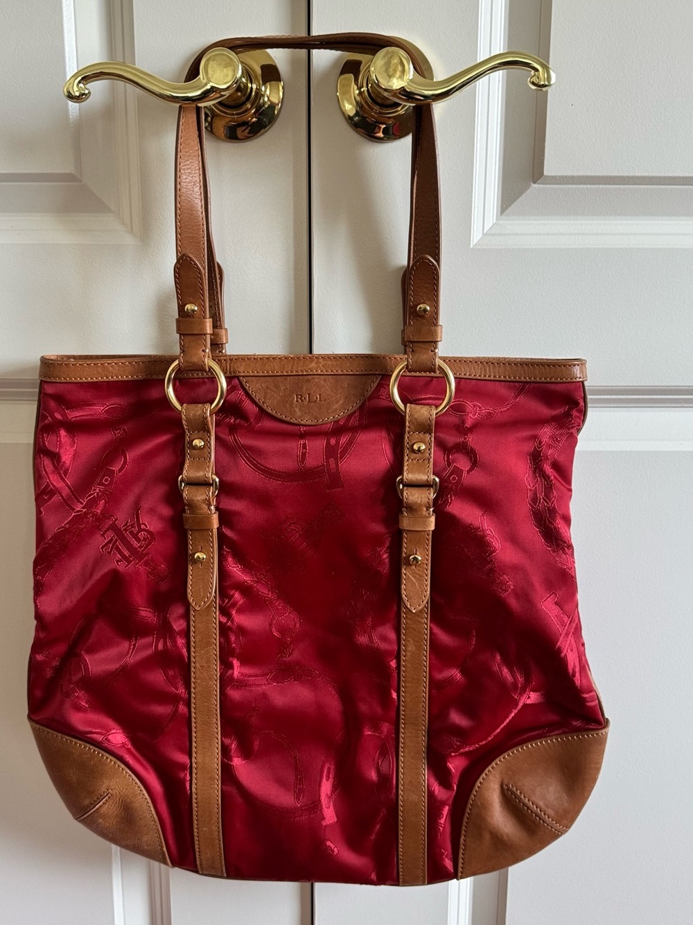 Lauren Ralph Lauren Red Equestrian Tote with Brown Leather Trim